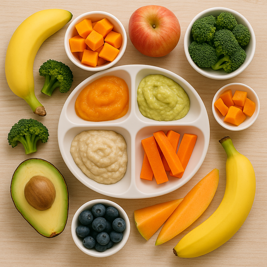 Prato colorido com alimentos saudáveis para bebês, incluindo legumes cozidos, frutas frescas e papinha nutritiv