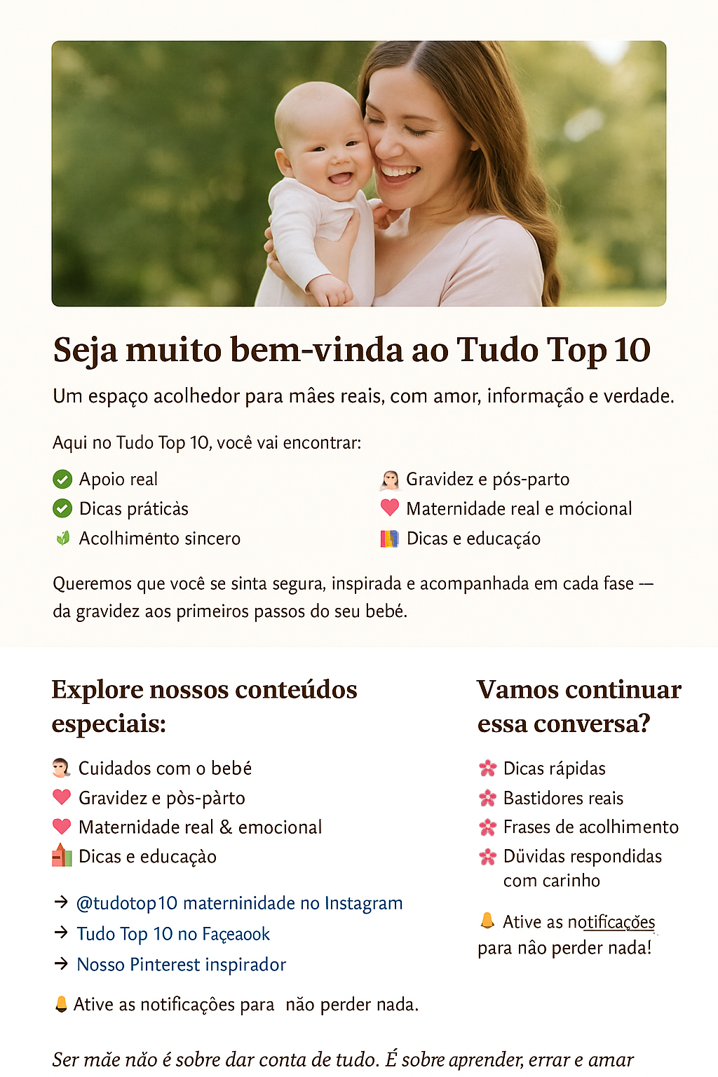 Mãe sorrindo e segurando seu bebê no colo, ao ar livre, transmitindo amor, acolhimento e conexão — símbolo da maternidade real e consciente.