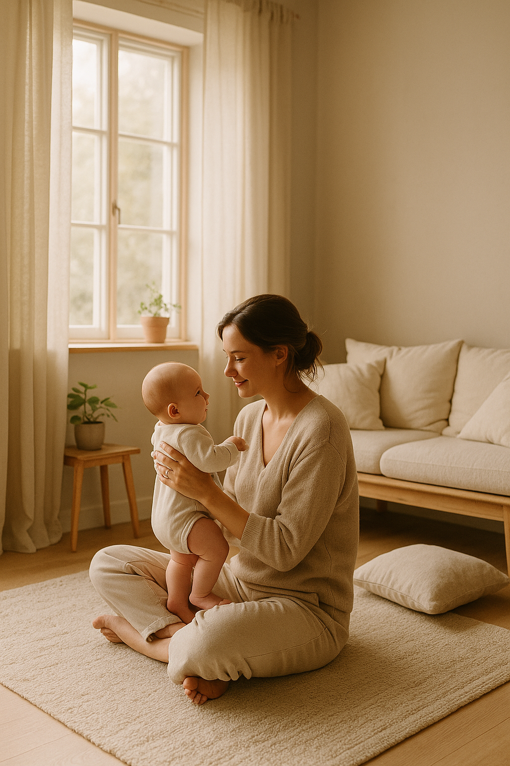 Bebê no colo da mãe longe de telas, reforçando o vínculo afetivo