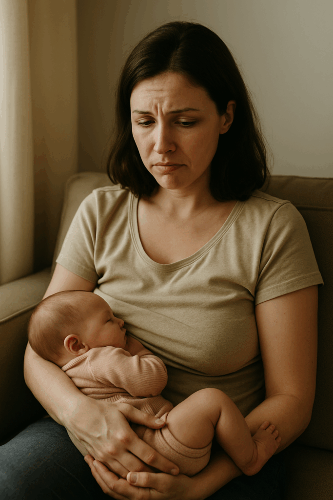 Mãe com depressão pós parto segurando o filho no colo sem nenhum prazer 
