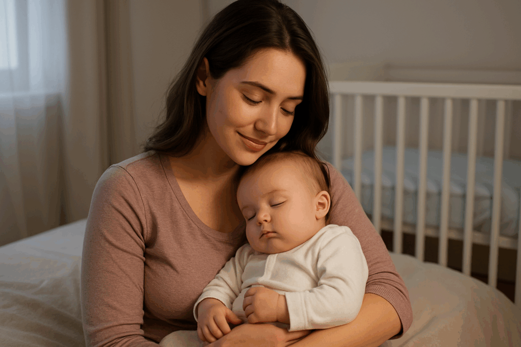 Mãe jovem com expressão serena segura seu bebê adormecido nos braços em um quarto iluminado naturalmente, transmitindo tranquilidade e acolhimento, representando os resultados do método Baby Sleep para fazer o bebê dormir a noite toda.