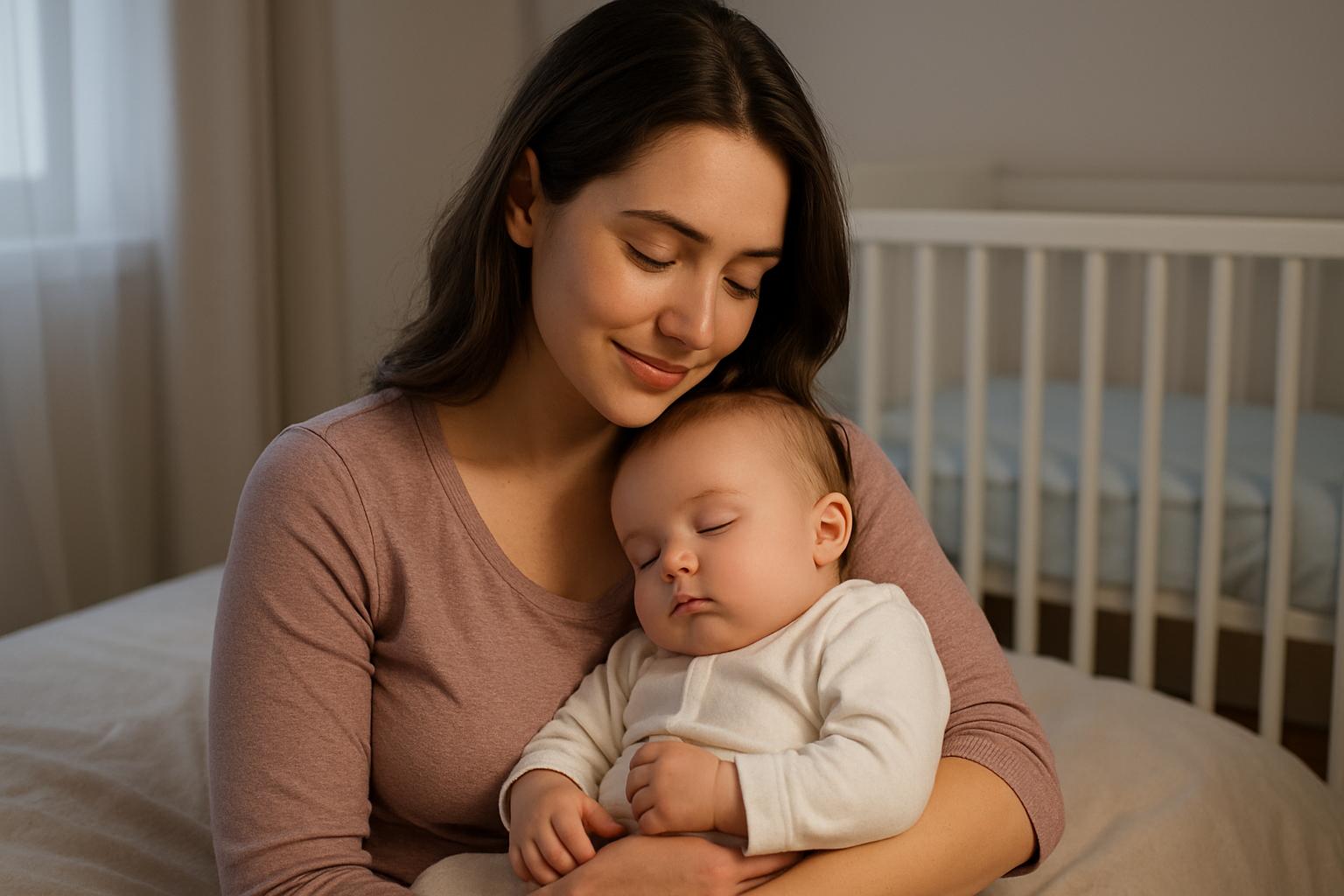 Mãe jovem com expressão serena segura seu bebê adormecido nos braços em um quarto iluminado naturalmente, transmitindo tranquilidade e acolhimento, representando os resultados do método Baby Sleep para fazer o bebê dormir a noite toda.