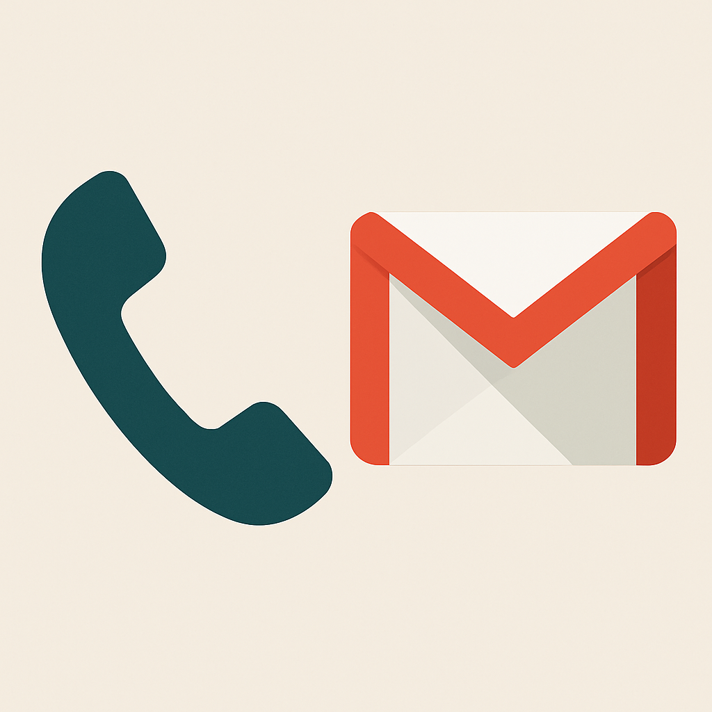 Ícones ilustrativos de telefone e e-mail (Gmail) usados para contato com o blog sobre maternidade e primeiros cuidados com o bebê