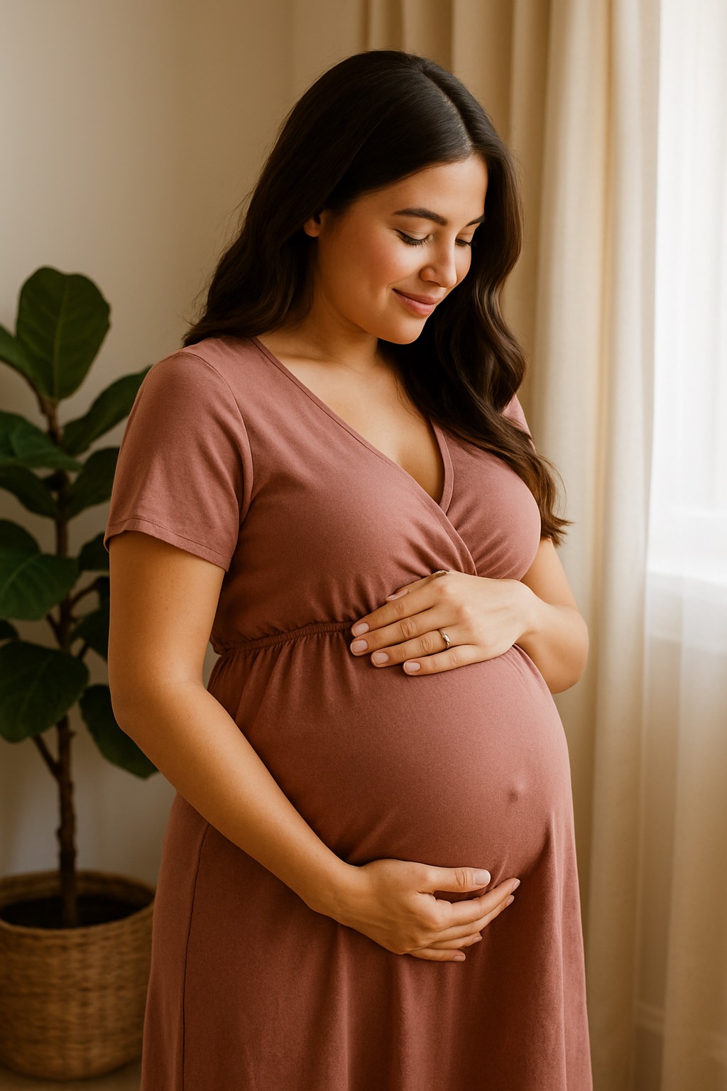 Mulher grávida segurando a barriga no terceiro trimentre
