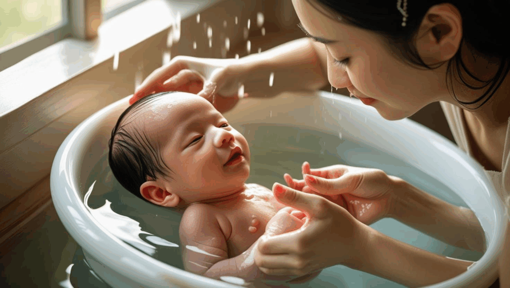 Mãe dando banho  no bebê