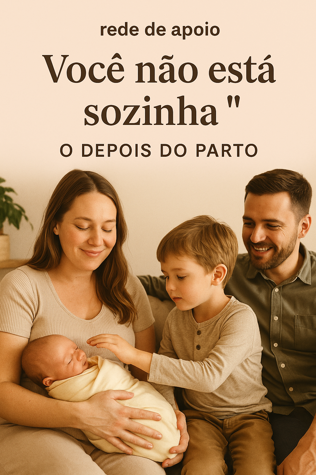 Irmão mais velho observando o bebê com carinho no colo da mãe, em um ambiente acolhedor